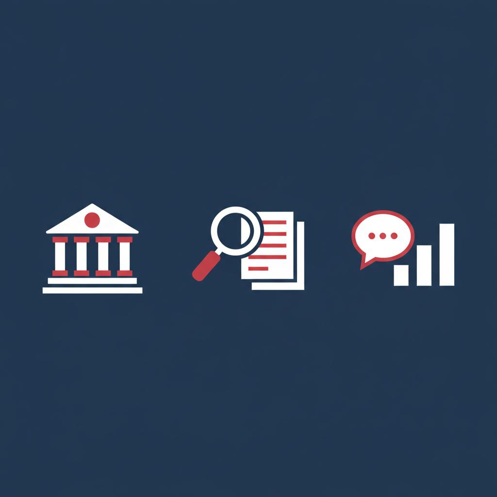 Minimalist 2D vector infographic with courthouse research and public opinion icons on deep navy background second amendment