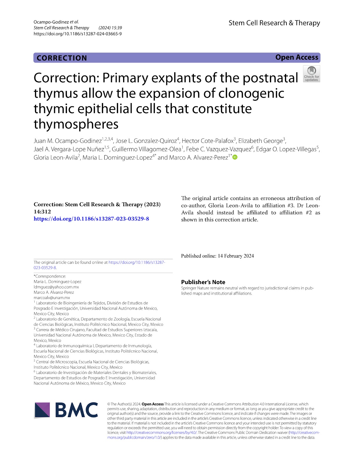 Correction: Primary explants of the postnatal thymus allow the expansion of clonogenic thymic epithelial cells that constitute thymospheres
