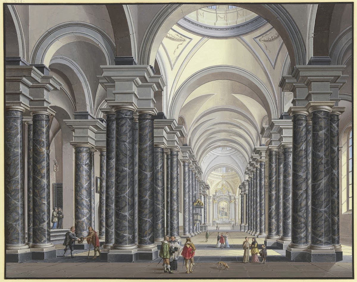 Blick in das Innere einer Barockkirche mit schwarzen Marmorsäulen und Staffagefi