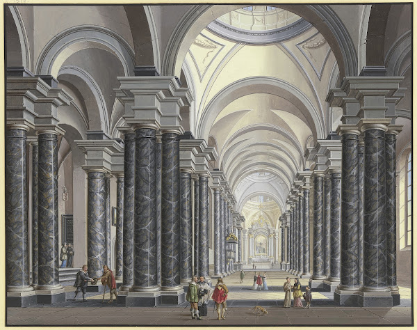 Blick in das Innere einer Barockkirche mit schwarzen Marmorsäulen und Staffagefi