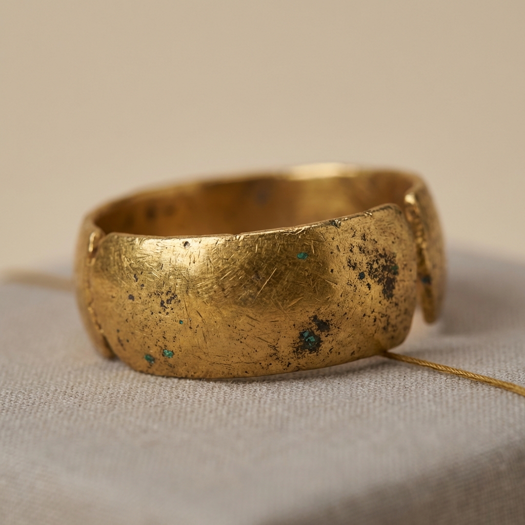Close crop of an ancient egyptian gold ring showing textured patina and conservation lighting on a warm beige background in a minimalist museum conservation setting