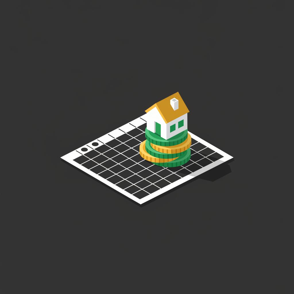 Flat vector of stacked coins with a small house on top placed on a spreadsheet worksheet on a dark Finance Police background illustrating how to get started in real estate
