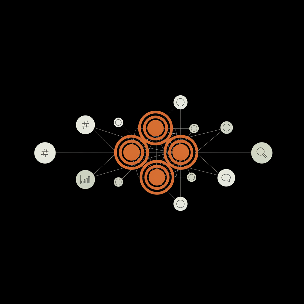 Minimal 2D vector cluster map of topic nodes merging into canonical clusters with a highlighted accent cluster — twitter trending topics count