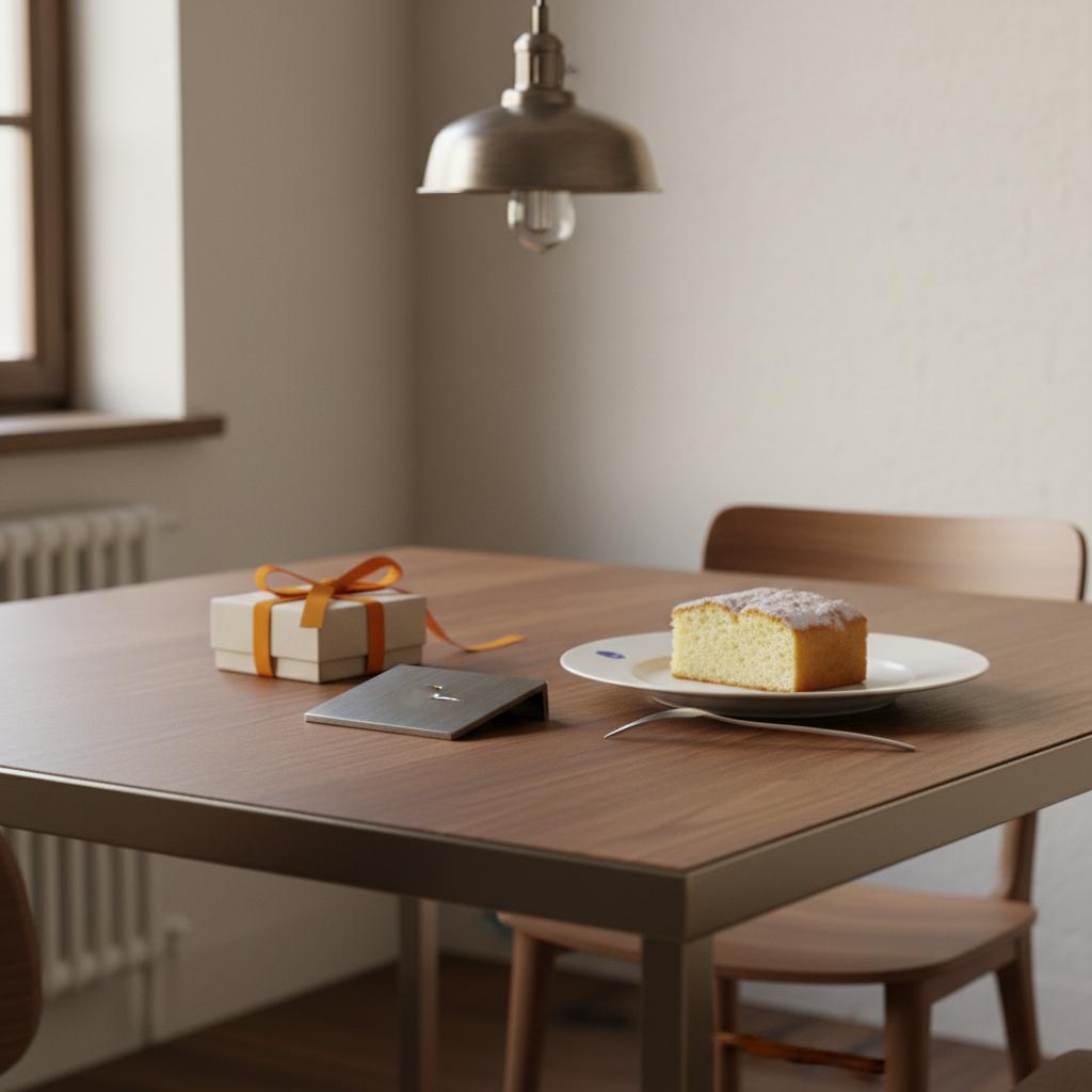 Detailaufnahme eines Esstisches mit sinnvolle geschenke für freund: matter Metallanhänger, kleine Schachtel mit Band und Stück Vanillekuchen, warmes Fensterlicht, minimalistisches Setting