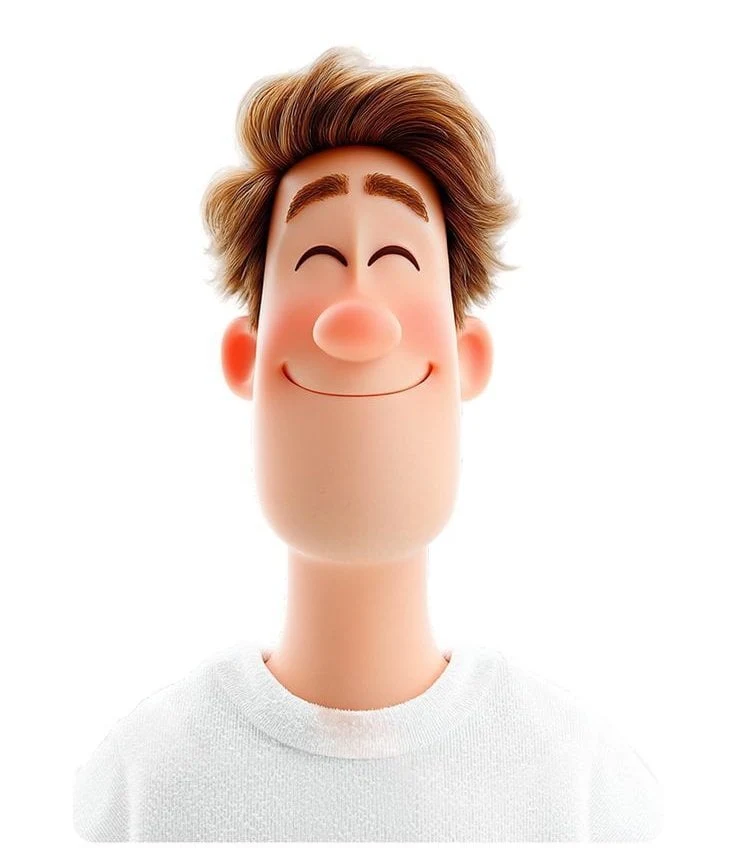 Avatar 3D de un hombre con rostro feliz sobre fondo blanco, sin cuello.