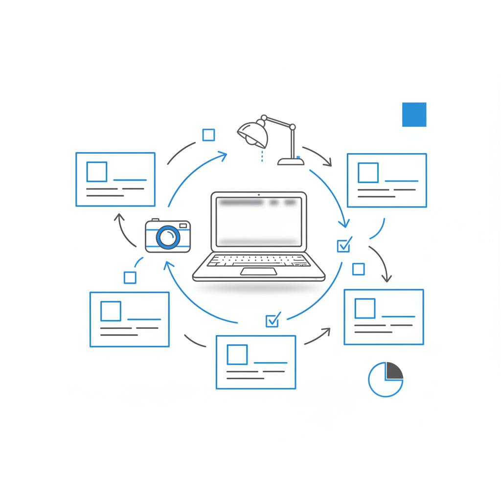 Minimalist vector notebook-style page with sketches of a laptop, camera icon, printed product cards and a #1a5bfb color swatch illustrating a GBP product listings workflow.
