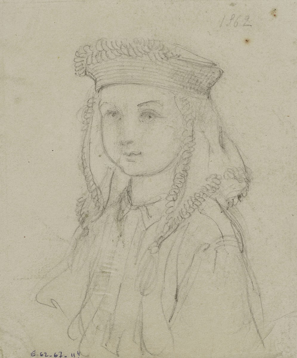 Tête denfant avec coiffe à pompons 1862