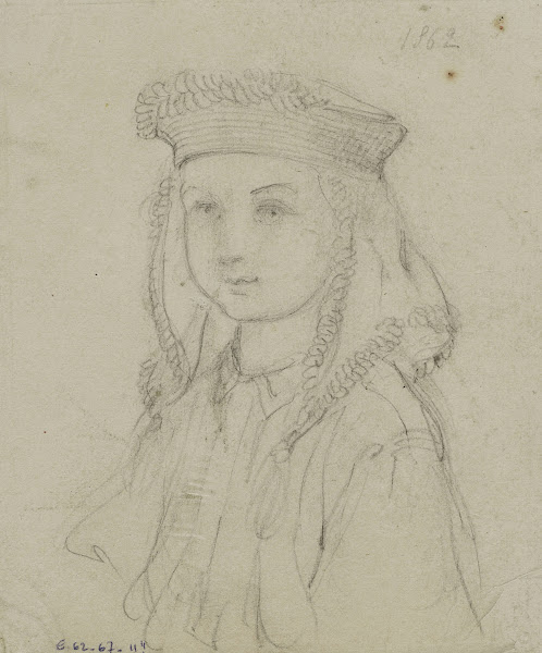 Tête denfant avec coiffe à pompons 1862
