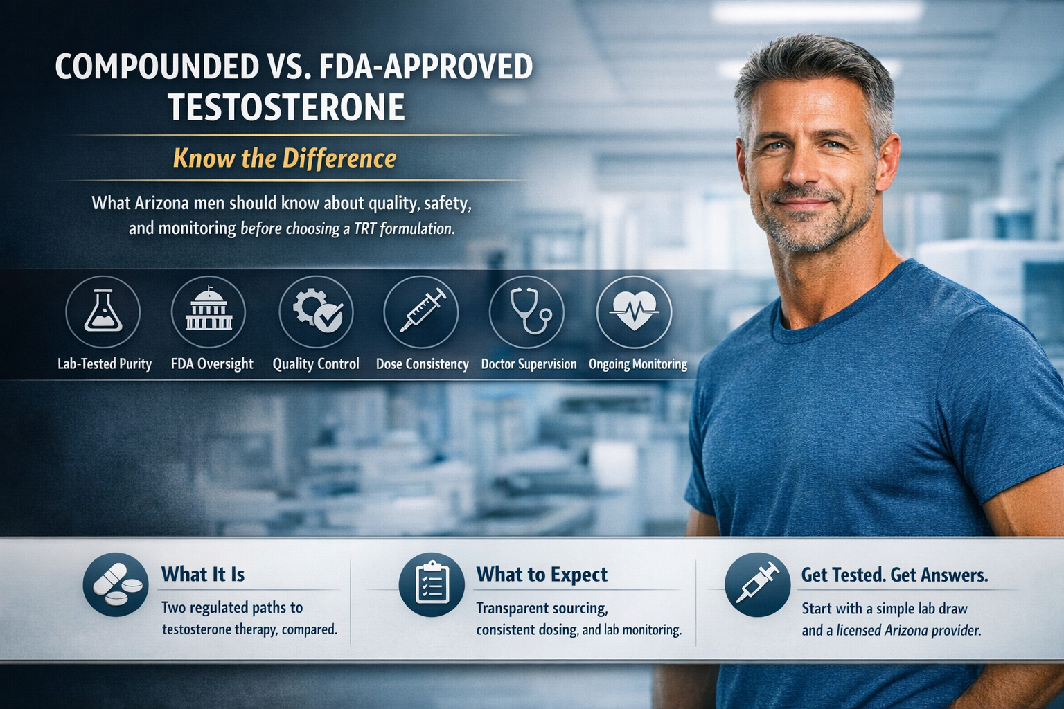 Compounded vs. FDA-Approved Testosterone: An Arizona Guide — AZTRT Arizona TRT clinic blog cover showing a healthy man in a clinical setting with a compounded vs. FDA-approved testosterone infographic