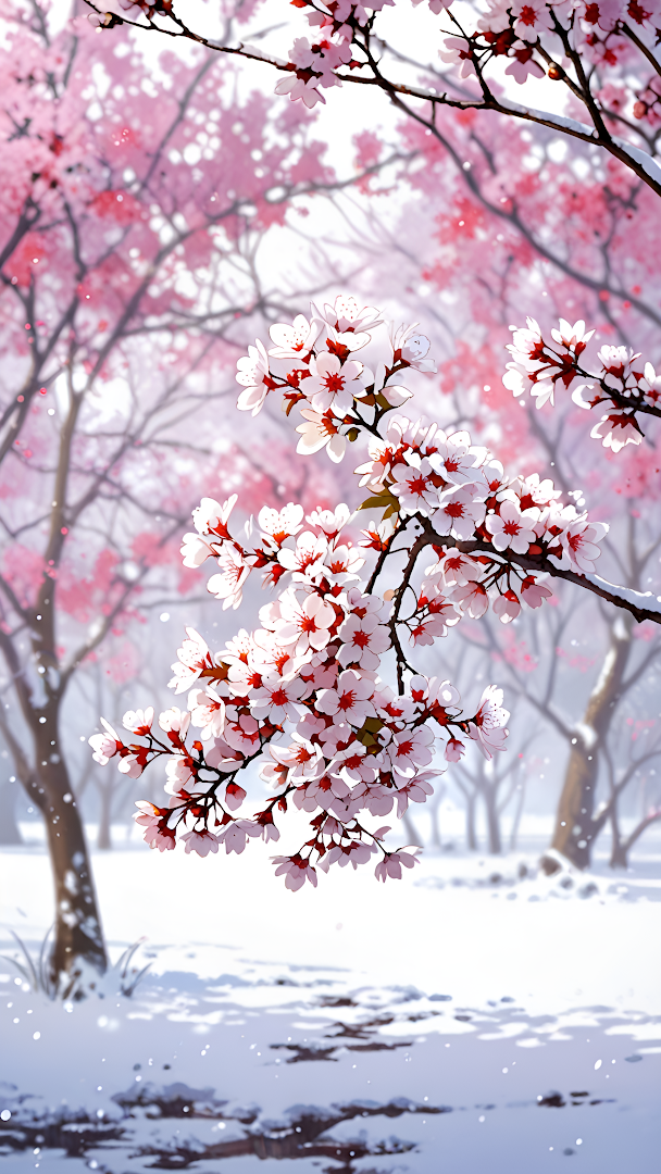 Cherry Blossoms Blooming in Snowy Winter Landscape