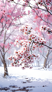 Cherry Blossoms Blooming in Snowy Winter Landscape