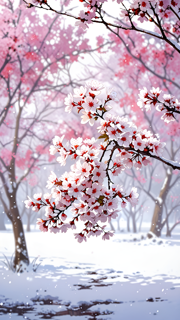 Cherry Blossoms Blooming in Snowy Winter Landscape - Free mobile Wallpaper