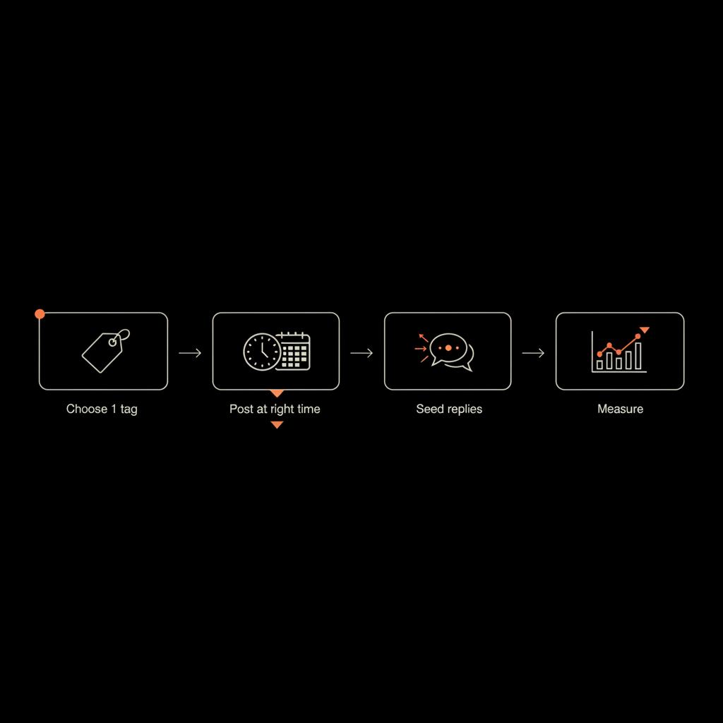 Minimal full-frame infographic flowchart showing how to go viral on Twitter hashtags: Choose 1 tag → Post at right time → Seed replies → Measure on black background with Social Success Hub brand colors