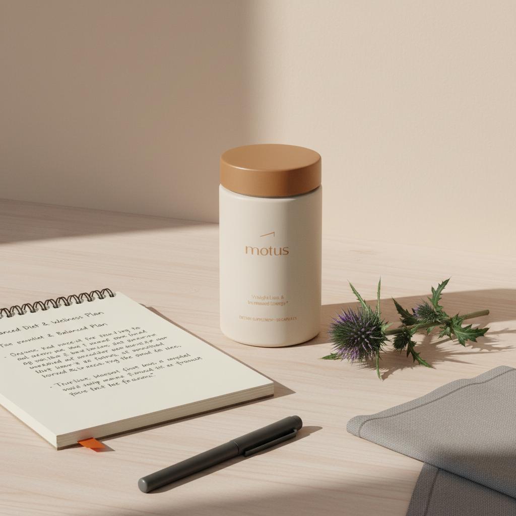 Tonum Motus container on light wood with a milk thistle sprig and open notebook showing diet notes in soft side daylight — does milk thistle remove liver fat