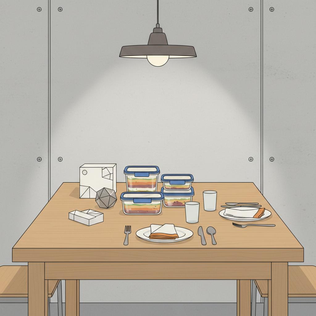 Minimalistisches 2D-Vektorbild eines Esstisches mit verpacktem Abendessen in Glasbehältern, einer Windelbox und einem metallischen Andenken – passend zu geschenke für frischgebackene eltern.
