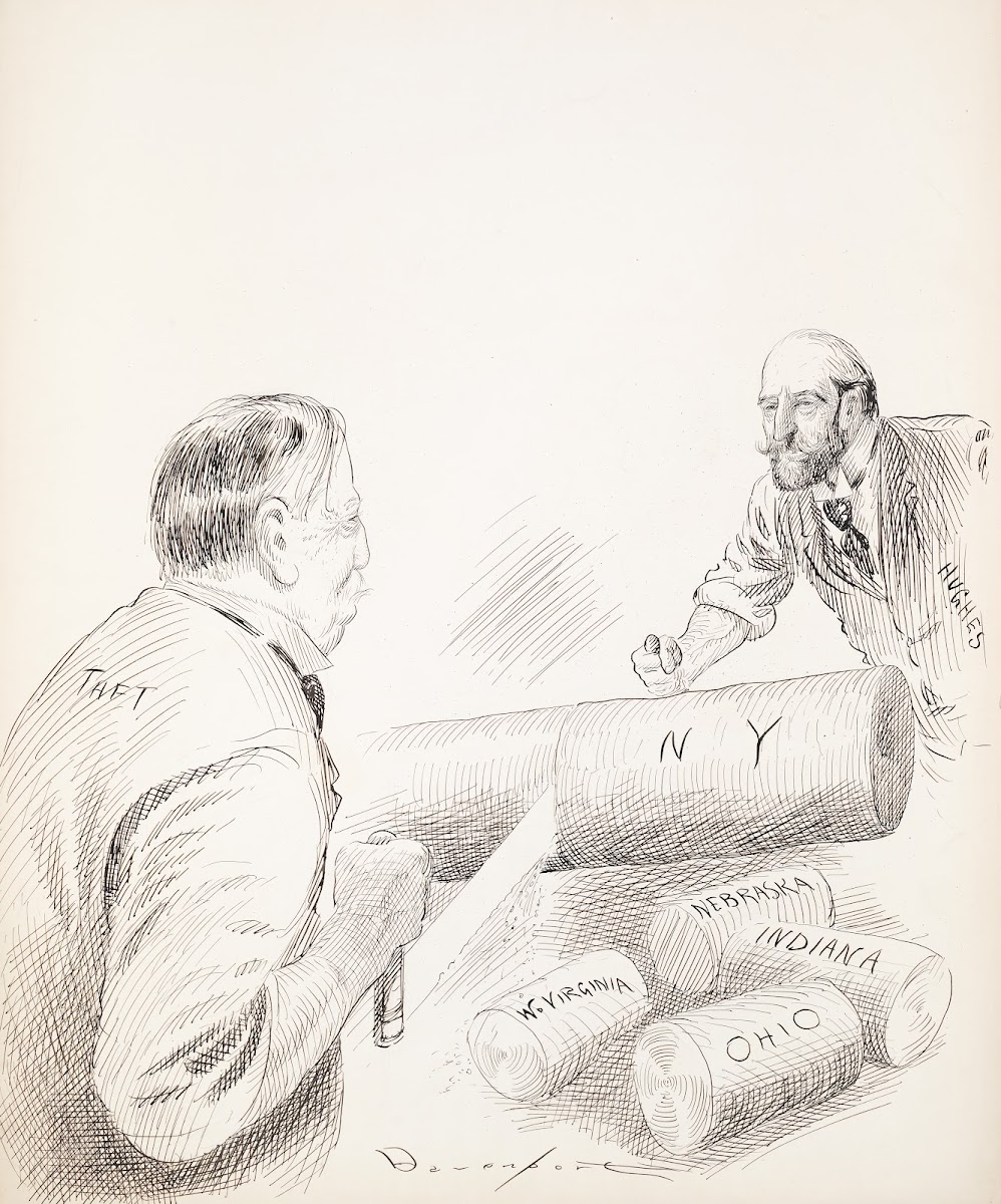 Two men Taft and Hughes saw chunks off of a log