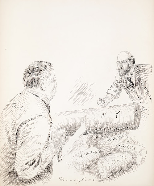 Two men Taft and Hughes saw chunks off of a log