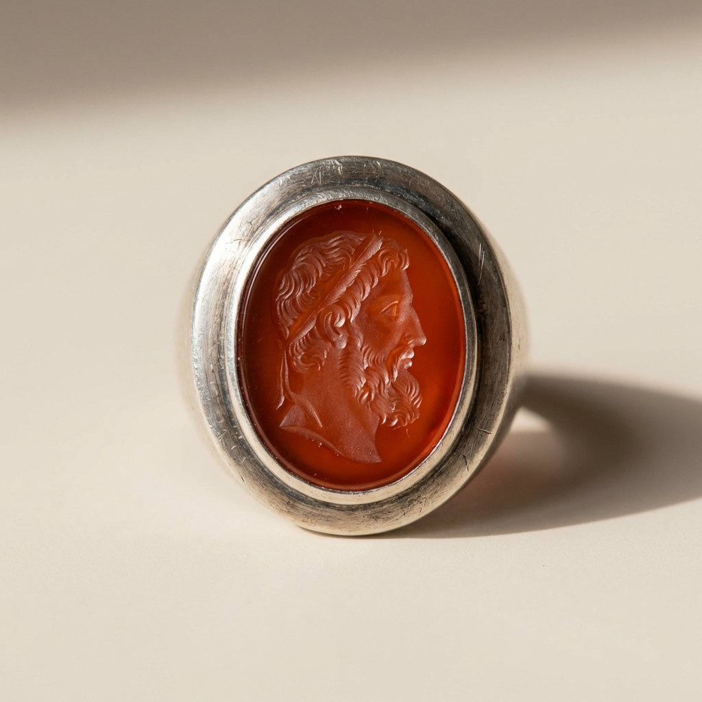 Macro close up of a carnelian intaglio in a worn silver bezel showing engraved details and bezel wear on a warm beige background romanjewelry