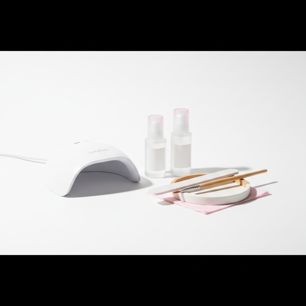 Nahaufnahme des GellyNails Starter Kit auf weißem Tisch: LED-Lampe, Base- und Top-Gel-Flaschen, Pinsel und Feile minimalistisch arrangiert mit pastellakzent #f57fb6