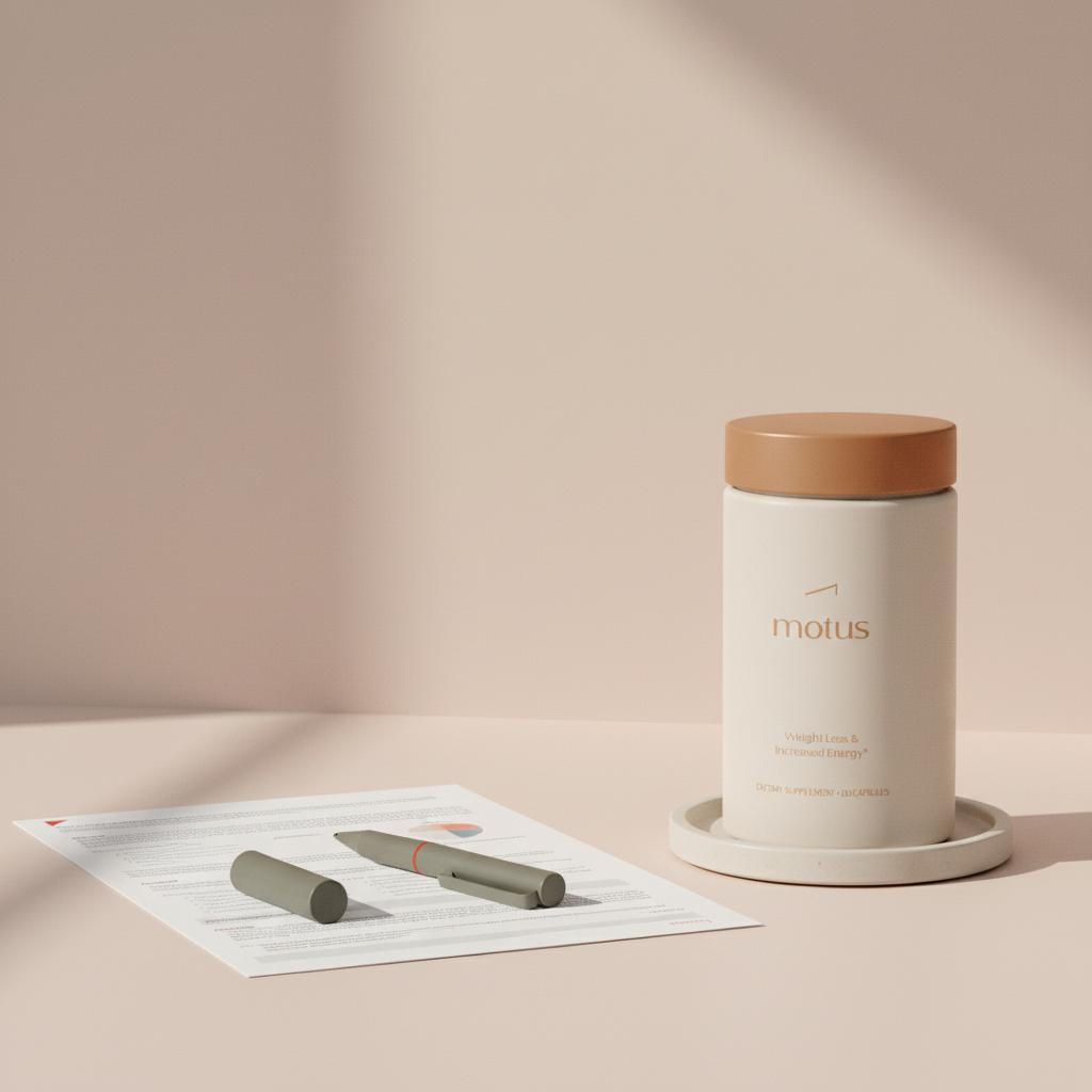 Minimalist clinical desk with Tonum Nouro bottle beside a printed lab report and pen, styled for neurotransmitter testing in Tonum brand colors.