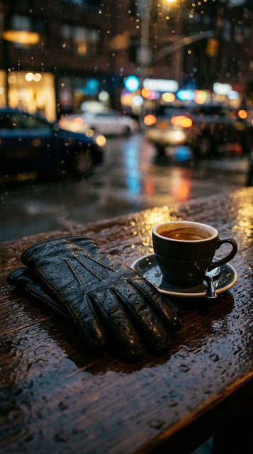 Black Leather Gloves on Rainy Cafe Table Wallpaper - Free mobile Wallpaper