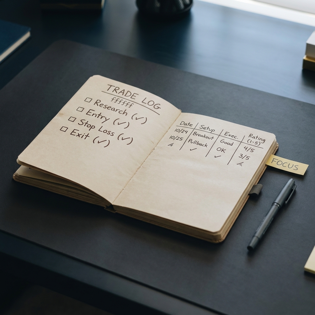 Close up trade log notebook with handwritten checklist and a simple rating table illustrating Trading Ranked vs Unranked Matchups minimal Funded Plays branding on dark background 10101a