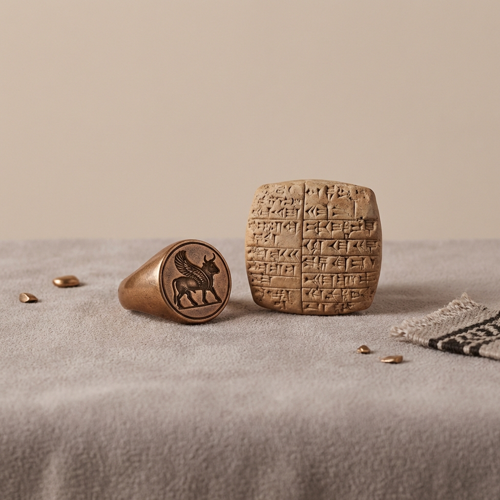 Close up minimalist image of a Mesopotamian signet ring beside a cuneiform tablet facsimile showing scale and texture in Aurora Antiqua palette ancient babylonian wedding rings