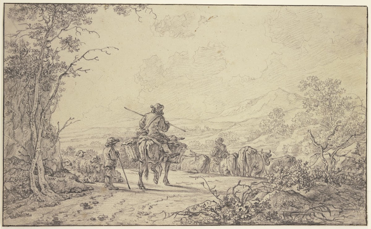 Hirten mit Rinder  und Schafherde in hügeliger Landschaft