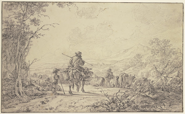 Hirten mit Rinder  und Schafherde in hügeliger Landschaft