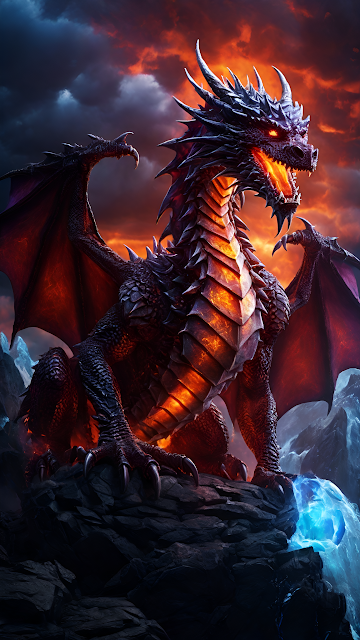 Majestic Fire-Breathing Dragon on Mountain Peak at Dusk - Free mobile Wallpaper