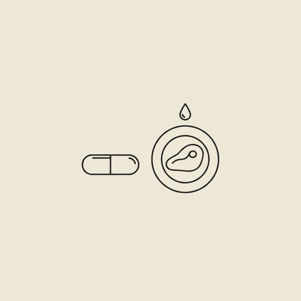 Minimalist Tonum-style vector line illustration of a capsule, plate with a protein portion, and a water droplet on beige background — which food supplement is best for weight loss?