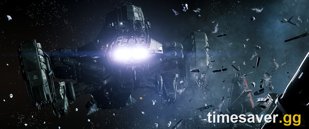 A Star Citizen salvage ship working in a field of ship debris and wreckage in space