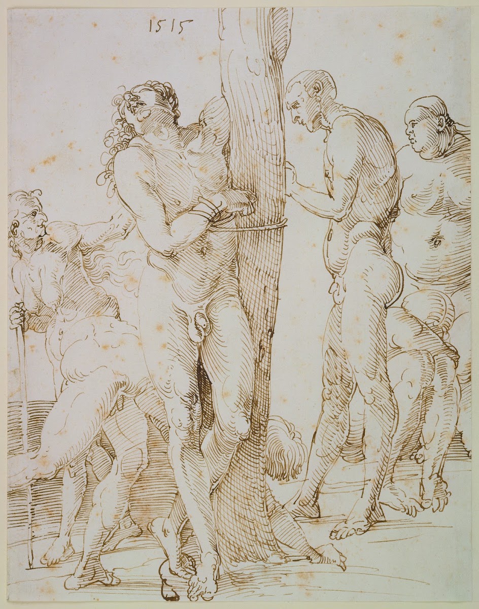 Sechs nackte Figuren in der Mitte ein an einen Baum gefesselter Mann 1515