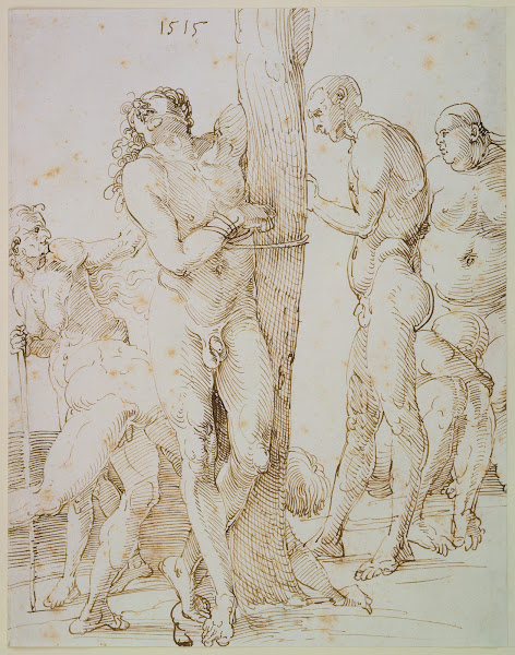 Sechs nackte Figuren in der Mitte ein an einen Baum gefesselter Mann 1515