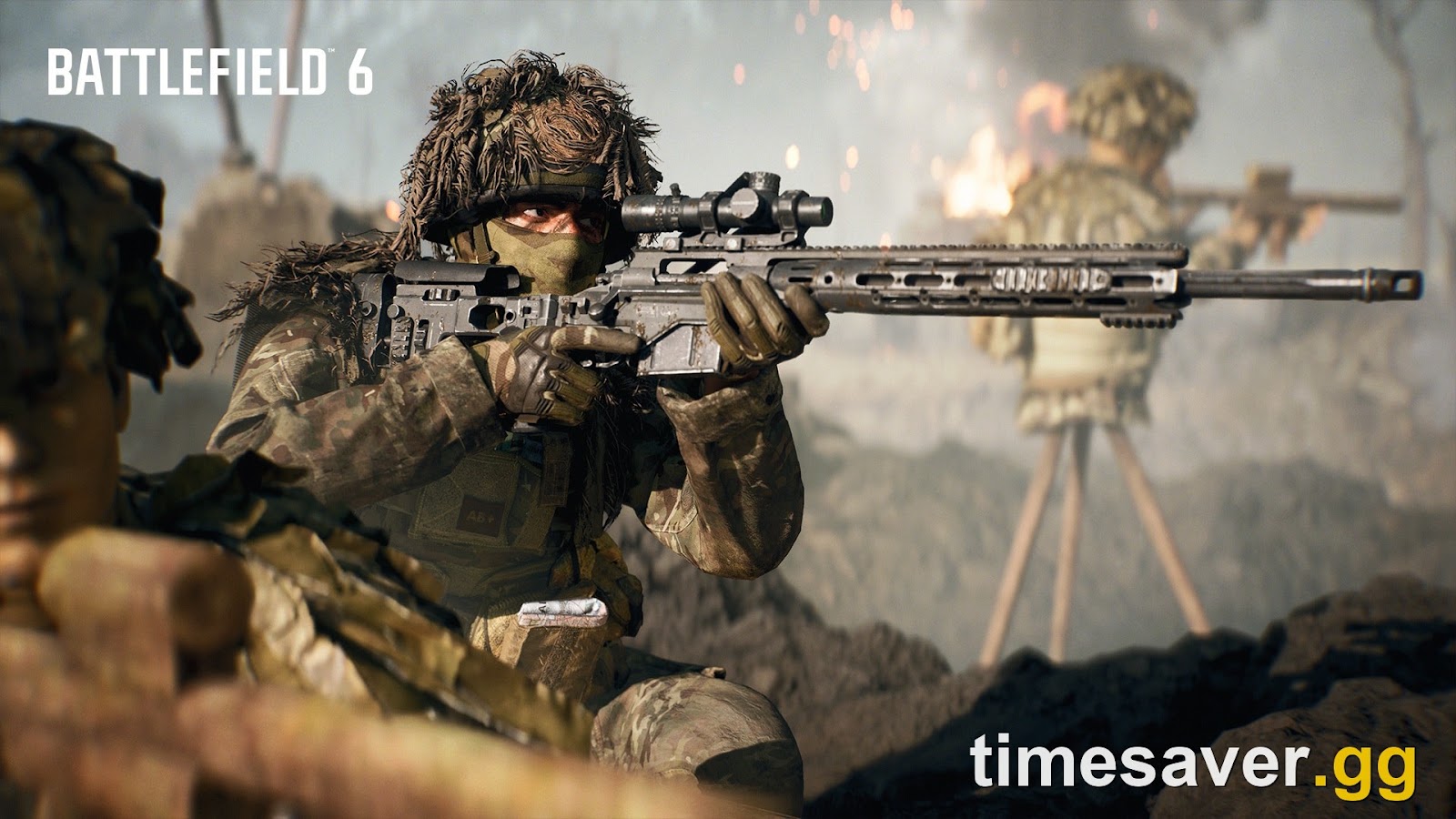 Battlefield 6 Recon soldier aiming a marksman rifle at long range