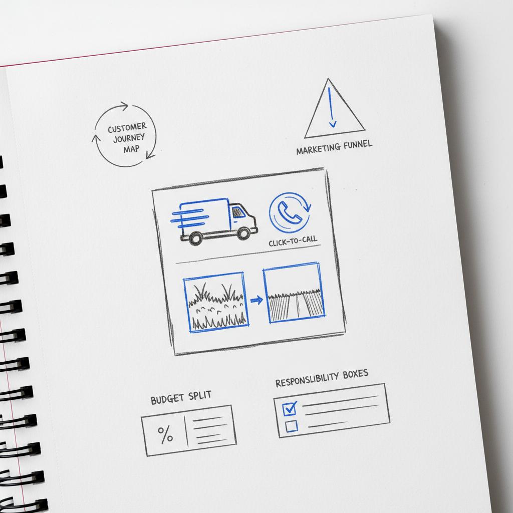 Hand-sketched notebook mock of a Google Business Profile with a van icon, click-to-call phone icon and before/after lawn thumbnails &mdash; how to market a lawn care business