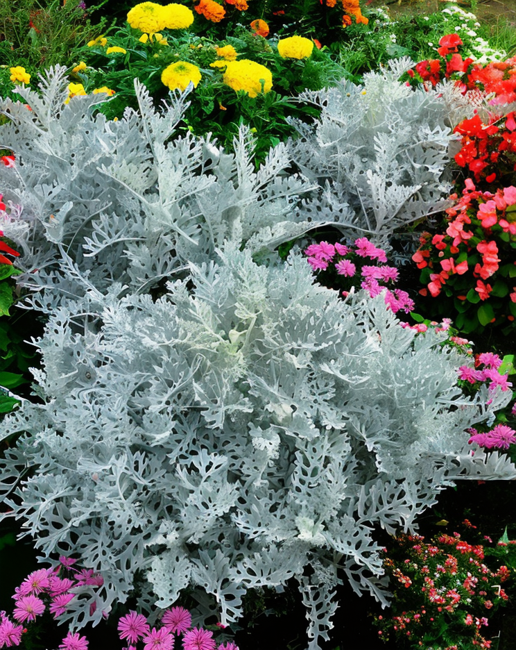 Jacobaea maritima 'Silverdust' con fogliame argenteo brillante in un giardino mediterraneo