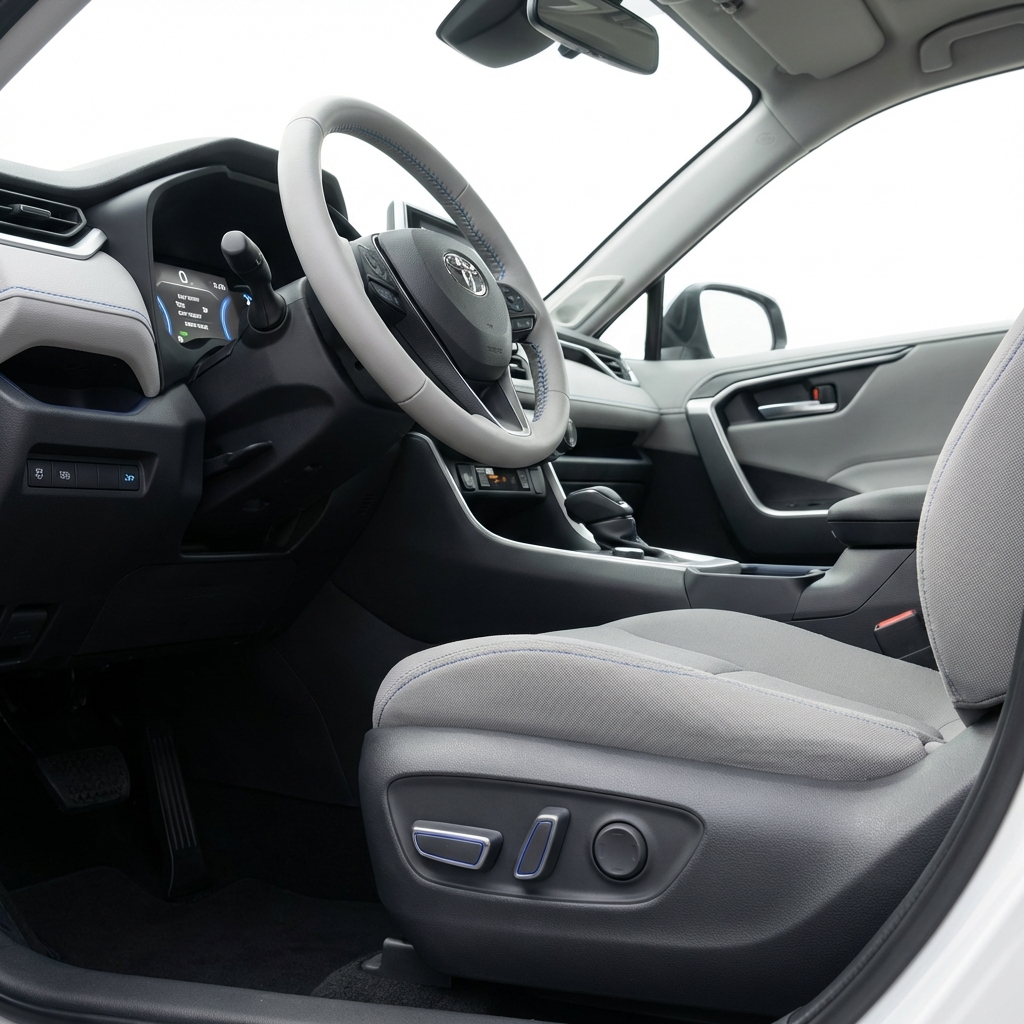 Close up interior shot showing driver seat adjusters steering wheel and clear instrument panel highlighting senior friendly ergonomics for toyota rav 4 price