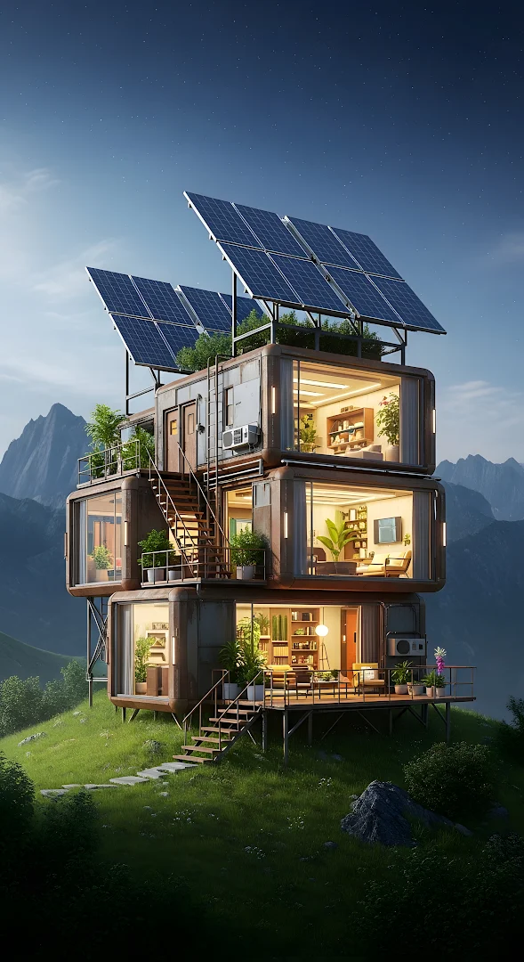Sustainable Container Home Solar Panels Mountain View Night