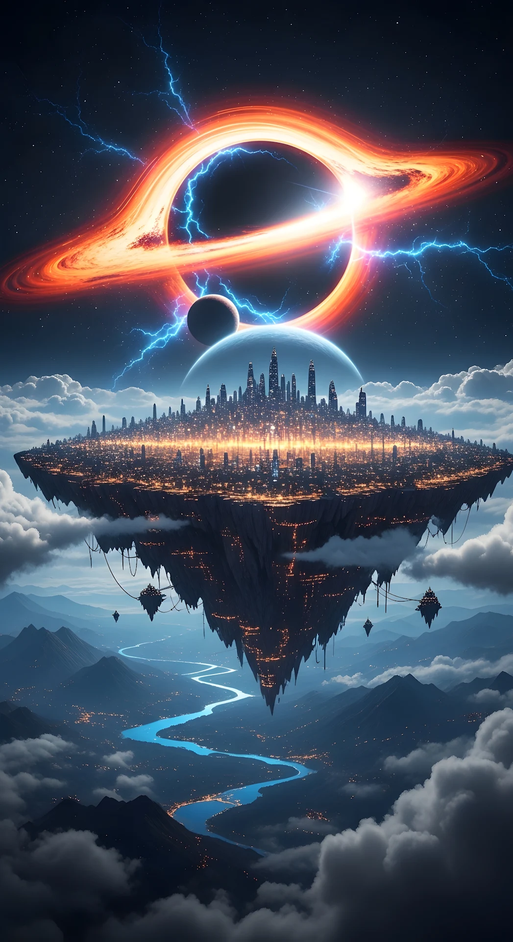 Floating Megacity Under Black Hole Accretion Disk - Free 4K mobile Wallpaper
