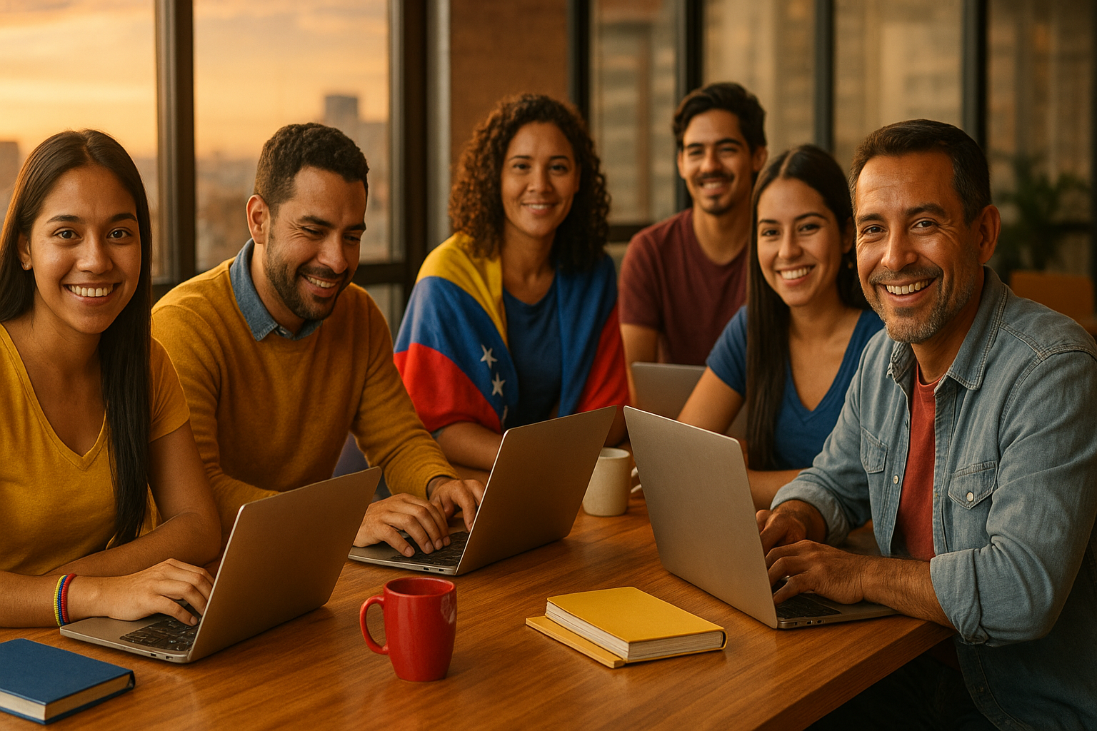 Venezolanos de la diáspora estudiando juntos con laptops y banderas