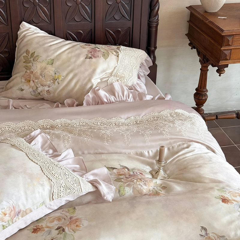 Cotton bedding set, floral pattern, vintage style