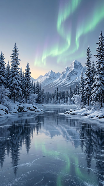 Frozen Winter Lake with Northern Lights and Snow-Laden Trees - Free mobile Wallpaper