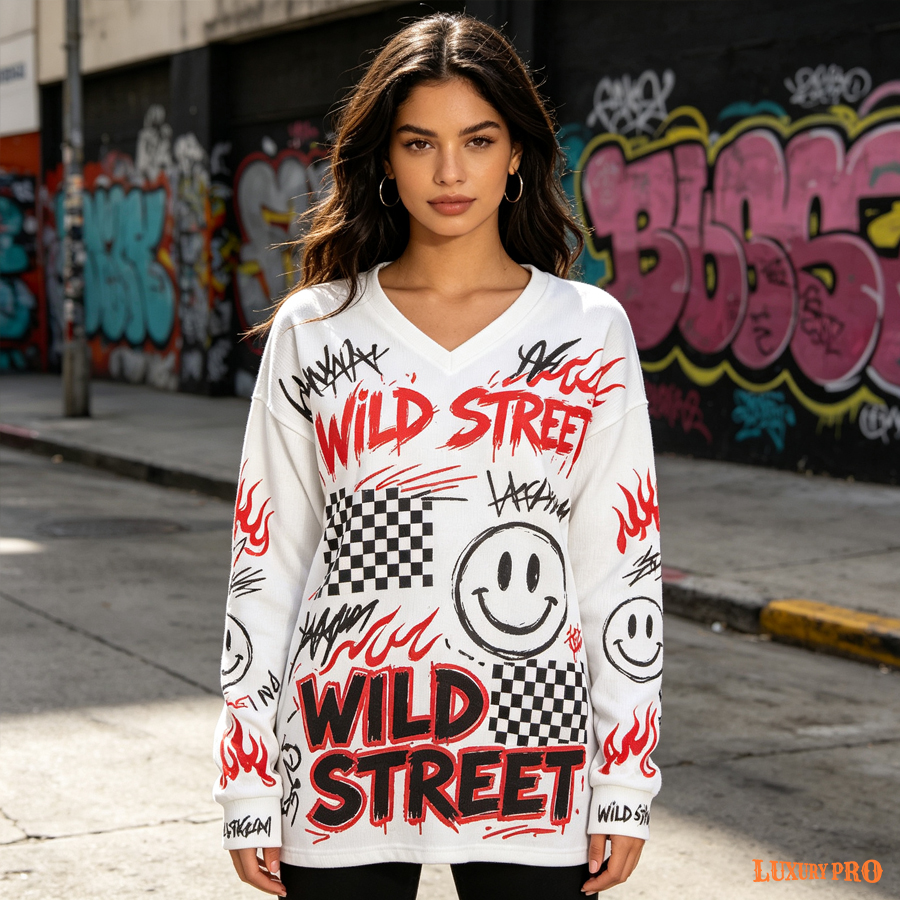 AOP V Neck Knit Like Sweater