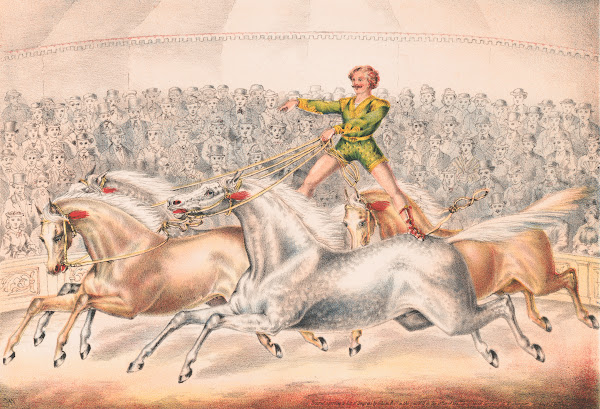 Circus performer riding two horses at once 1873