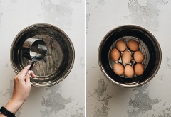 Đặt giá hấp (hoặc giá đỡ trứng) vào nồi áp suất, đổ 1 chén nước vào đáy nồi. Đặt trứng trên giá đỡ sao cho chúng không chạm vào các cạnh của nồi. Đóng nắp và hẹn giờ để có kết quả mong muốn: 3 phút cho trứng luộc chín 1/2, 5 phút cho trứng vừa và 8 phút cho trứng hấp chín.