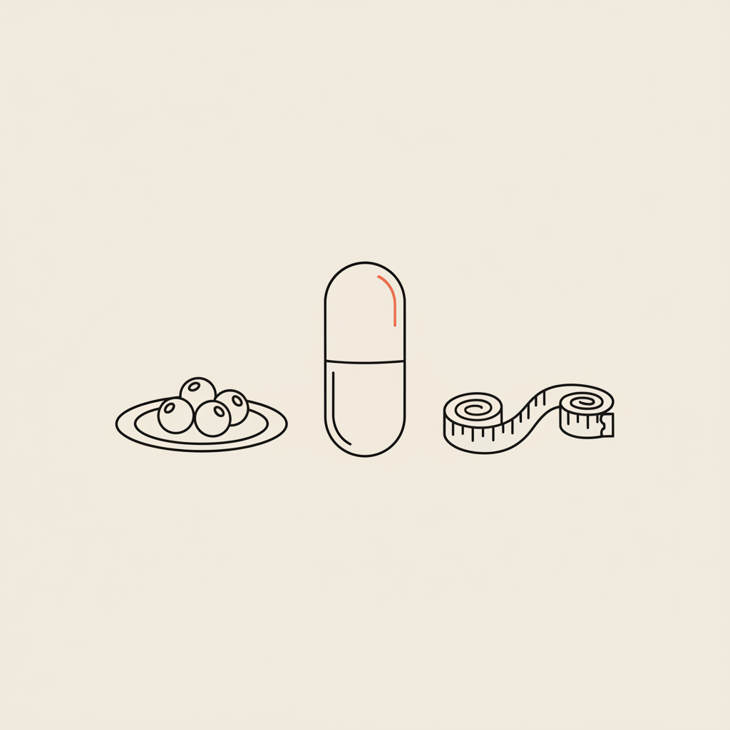 Minimalist Tonum-style line illustration of a capsule, a small plate with berries, and a tape measure on a beige background — best probiotic for belly fat