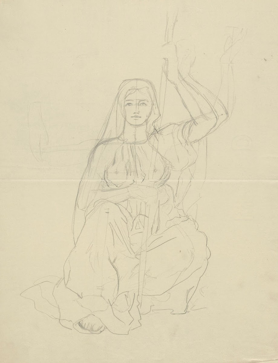 Sitting woman in a long antiquate robe holding a stick in her hands Design for a