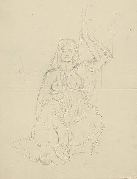 Sitting woman in a long antiquate robe holding a stick in her hands Design for a