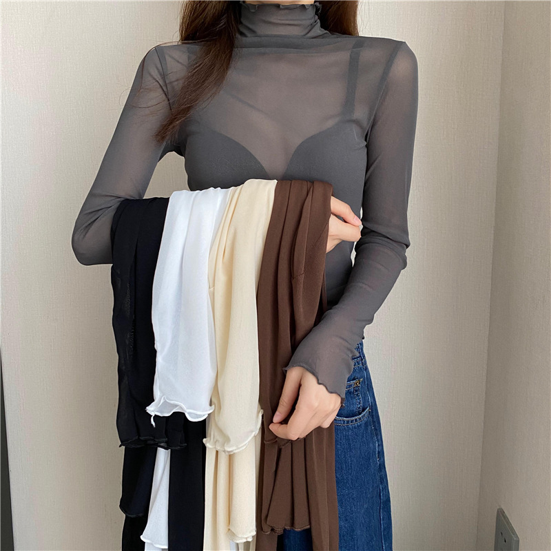 Lace and mesh roll-neck top for women